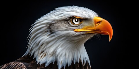 Fototapeta premium Majestic Bald Eagle Portrait: A close-up portrait of a regal bald eagle, showcasing its piercing gaze, sharp orange beak, and pristine white feathers, set against a dramatic dark background.