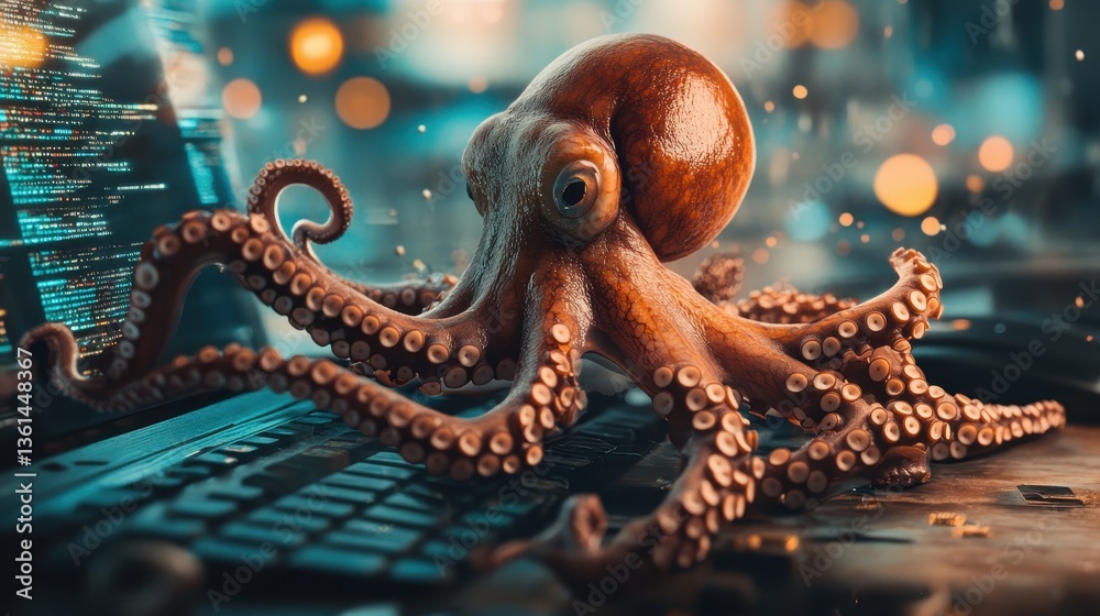 Poster octopus coding on computer: an intelligent octopus, its many arms skillfully navigating a computer, 