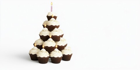 A beautifully arranged pyramid of chocolate cupcakes with creamy frosting and a single candle