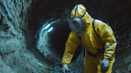 Obraz premium Hazardous Exploration: A lone figure in protective gear navigates a dark, mysterious tunnel, a scene of suspense and investigation.