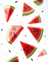Vibrant fresh watermelon slices soar, floating against clean white background. Summer fruit flying in mid-air juicy red flesh with black seeds. Refreshing, healthy food concept, dessert, celebration