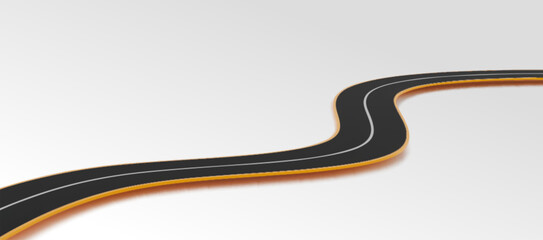 3D road highway curve with black asphalt surface and yellow edges. White dividing line runs through center of realistic winding path. Minimalist racing track design for infographic elements.