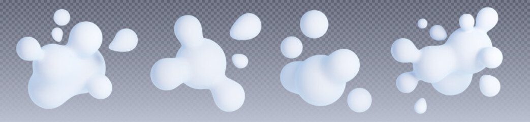 3D blob liquid abstract shapes - white amorphous fluid formations on transparent background. Smooth droplets of irregular form with soft gradient shadows. Organic structures for graphic design.
