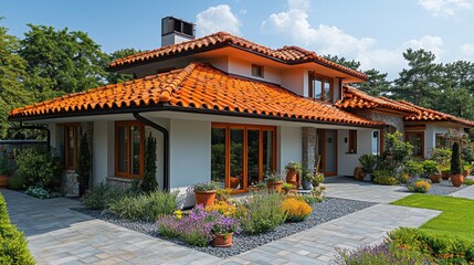 A beautiful home with red tile roof and lush landscaping