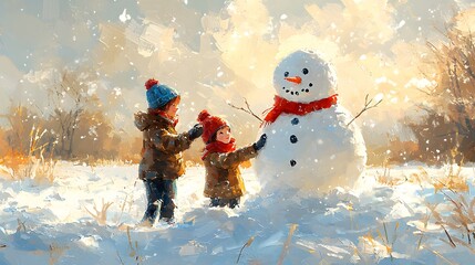 Children building snowman, snowy field, winter sun