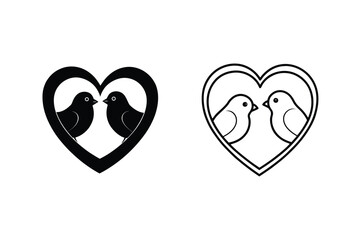 Two Lovebirds Inside a Heart Black and Outline Icons