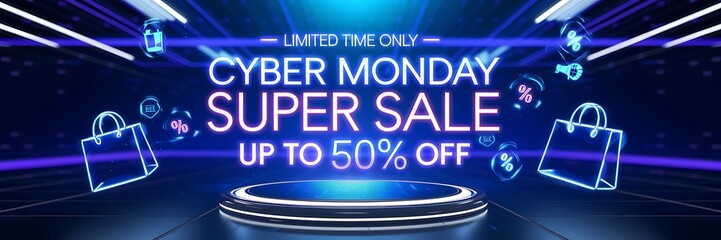 Futuristic Cyber Monday sale scene with neon blue and purple lights sleek black background, glowing holographic discount signs emphasizing the 50 percent discount for innovative online shopping event