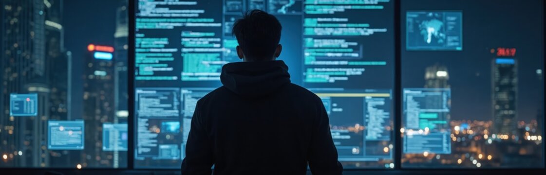 Cybersecurity expert examines code on digital display screen at night. Data analysis, information security, protection, defense, cyber warfare, hacker, coding, AI, cloud computing, digital safety,