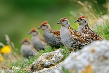 Group of Grey partridges foraging on rocky terrain during early morning light in natural habitat, Partridge Grey Partridge Perdix perdix Group of birds Slow motion