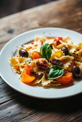 Colorful Pasta Dish with Bowtie Noodles, Fresh Vegetables, and Olive Toppings Served on a Rustic Wooden Table