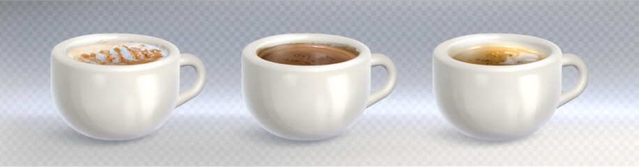 Coffee mug mockup set with white ceramic cups filled with different brew varieties. Cappuccino with foam, dark espresso and light americano beverages. Realistic drinkware display for menu or branding.