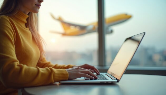 Woman works laptop in airport terminal, airplane takes off outside window. Business travel, freelance work. Air travel, technology, modern lifestyle, mobility, remote job, business trip.