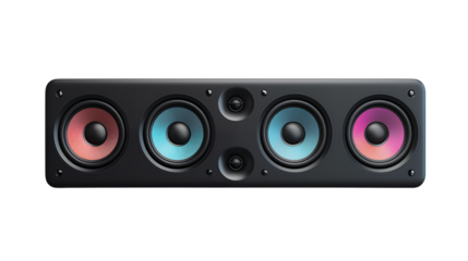 A black speaker with five colorful round speaker elements
