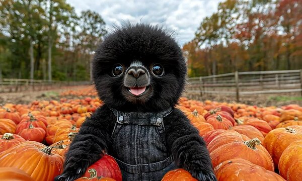 Adorable black dog in overalls amongst pumpkins. Autumnal scene