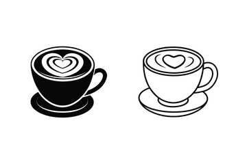 Two Coffee Cups with Heart Latte Art Designs, Black and Outline