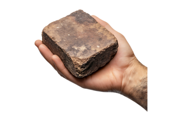 Hand hold a brick isolated on transparent background.
