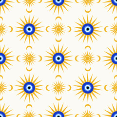 Evil eye seamless pattern. Blue magic nazar. Greek and Turkish vector background with ethnic amulet. Mystic talisman - traditional symbol of luck energy and protection.