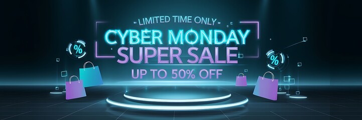 Obraz premium Futuristic Cyber Monday sale scene with neon blue and purple lights sleek black background, glowing holographic discount signs emphasizing the 50 percent discount for innovative online shopping event