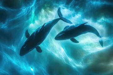 Naklejka premium Two orcas gracefully swim in a mesmerizing, ethereal underwater scene.