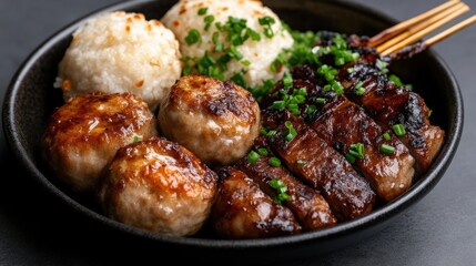 Grilled meat balls, savory rice, and skewers on a plate