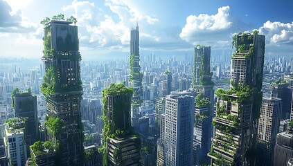 Fototapeta premium A city skyline of the future, showcasing skyscrapers and green rooftop buildings under a blue sky with white clouds