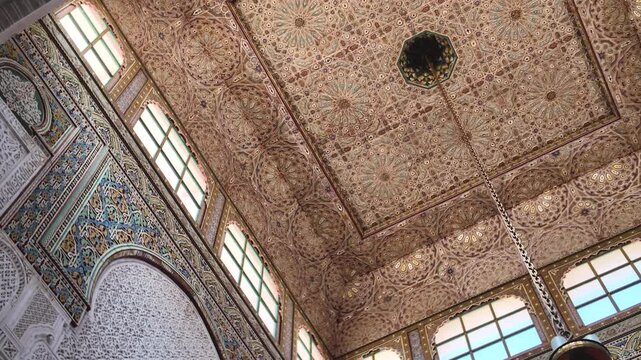 Intricate details and vibrant colors embellishing the Mausoleum of Moulay Ismail reflect the splendor of Moroccan architecture