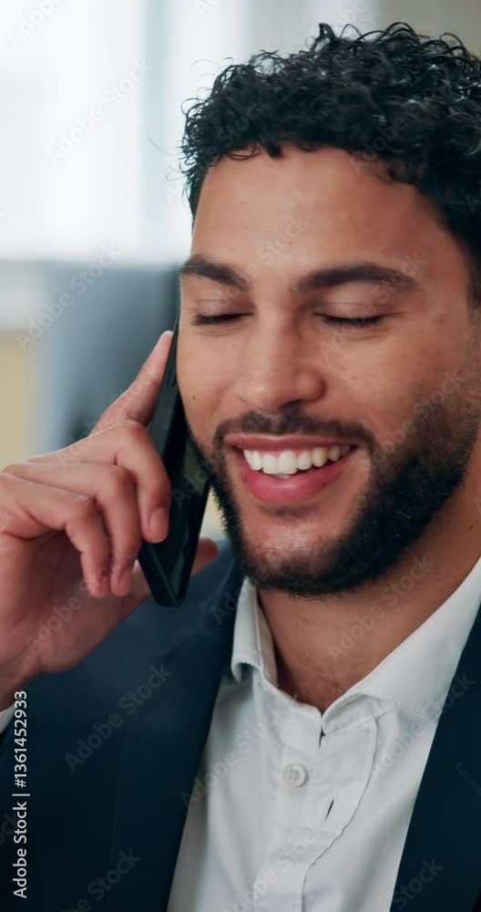Poster business man, talk and phone call in office for discussion, client feedback and finance report. acco