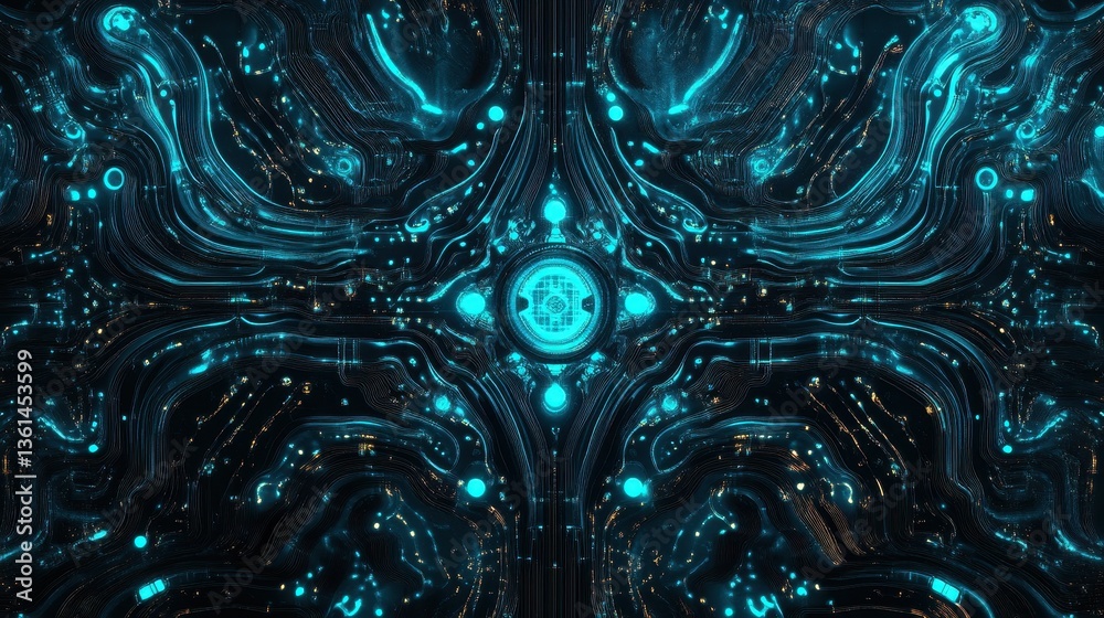 Poster cybernetic symphony: intricate glowing circuits weave a mesmerizing display of technology, creating 
