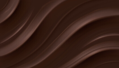Dark chocolate waves abstract background, creamy brown silk texture with smooth curves, lines. Luxury cocoa swirl pattern, sweet food backdrop design for packaging. Flowing liquid chocolate.