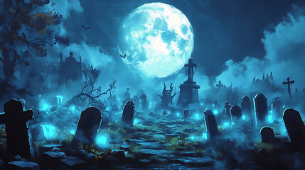 Haunted Graveyard at Midnight - 2D Horror Game Background