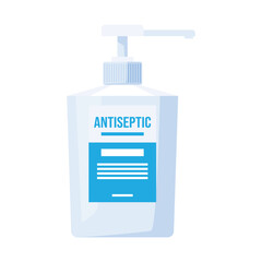 Obraz premium Clear antiseptic bottle with pump dispenser resting on a clean white background for hygienic application and safety use