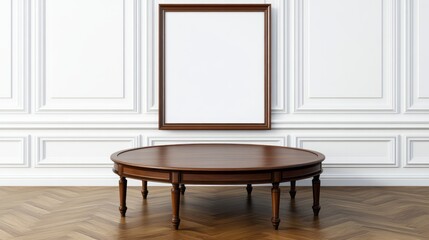 Elegant interior scene with wooden table and framed blank canvas