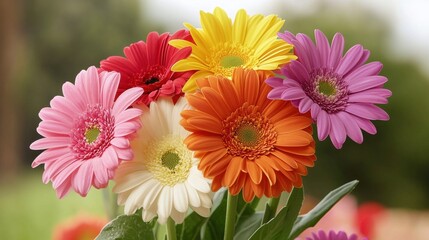 Obraz premium A vibrant close-up reveals a bouquet of multicolored gerbera daisies in full bloom showcasing a rainbow of colors in a lush garden setting perfect for sp floral designs.