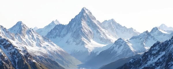Snow-covered mountain range against white background. Peaks covered in snow, ice. Winter landscape of snowy mountains. Nature scenery of hills. Wilderness, cold environment. Blue sky in background.