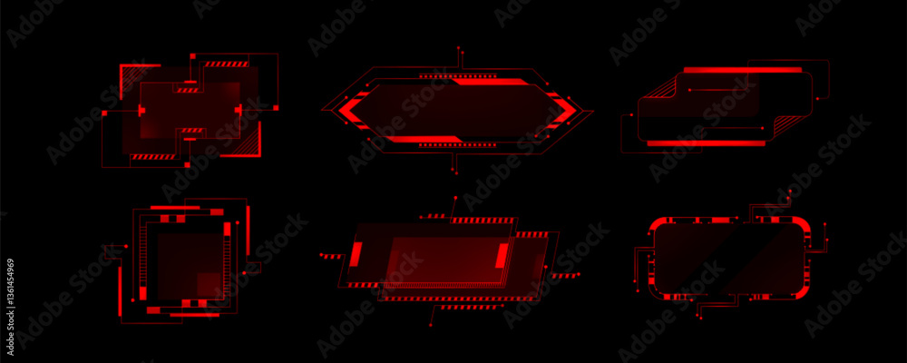 Leinwandbilder Cyberpunk hud frames in red neon glow, futuristic style for tech interfaces. Geometric vector shapes and lines in border elements for sci fi game ui design. Digital abstract frames with modern vibe.
