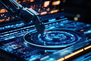Robotic arm demonstrates precision manipulation on holographic interface in futuristic lab setting, Robotic arm turntable on Holographic screen virtual hud elements, Futuristic User Interface