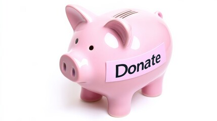 Obraz premium Pink Piggy Bank with Donate Label on White Background