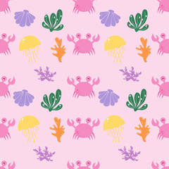 Sea animals seamless pattern background. Marine animals illustration pattern. Sea life background. Perfect for fashion clothes, shirt, fabrics, textiles, wallpaper, decor, print, packaging