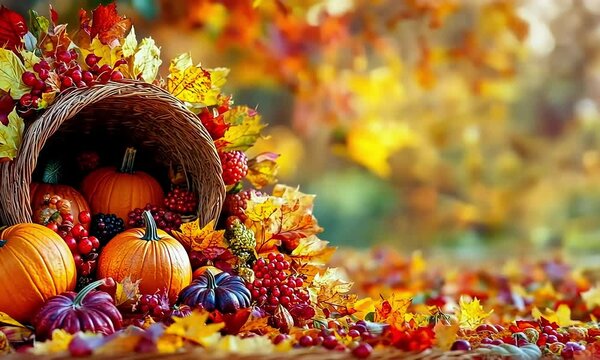Autumn harvest cornucopia overflowing with colorful gourds, berries, and leaves