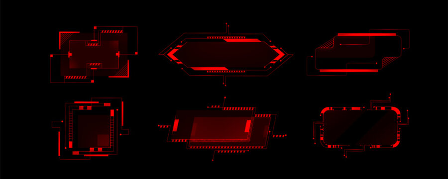 Cyberpunk hud frames in red neon glow, futuristic style for tech interfaces. Geometric vector shapes and lines in border elements for sci fi game ui design. Digital abstract frames with modern vibe.