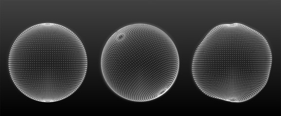 Sphere particle dot wireframe compositions - radial circular mesh graphics, illuminated globe designs, futuristic geometric compositions for digital technology backgrounds, dynamic 3d elements.