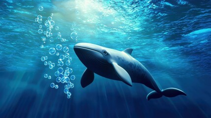 Obraz premium A cheerful cartoon whale, rendered in vibrant 3D animation, playfully blows a trail of shimme bubbles underwater, bathed in sunlight filte through the ocean surface.