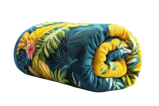 A Vibrant Tropical Beach Towel Rolled Up, Showcasing A Lush Teal And Sunny Yellow Floral Design, Perfect For Summer Vacations And Relaxation Isolated on Transparent Background