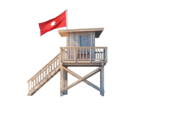A Weathered Wooden Lifeguard Tower Stands Proudly, A Red Flag Waving In The Breeze, Signifying Vigilance And Safety On A Sunny Beach Day, Showcasing A Simple Yet Sturdy Design Isolated on Transparent