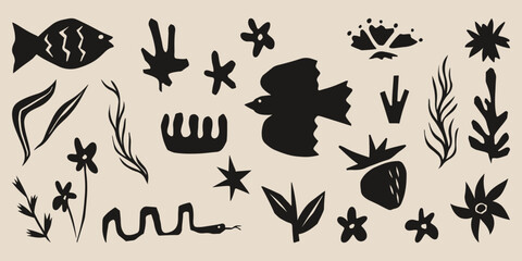 Black organic boho cut out shapes set - fish and bird, plants and flowers, snake and strawberry hand drawn elements. Whimsical natural cutouts for modern bohemian design, nature scrapbooking.