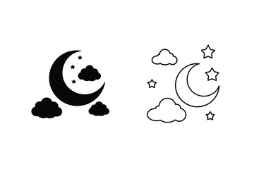 Night Sky Icons Crescent Moon, Stars, Clouds, Line Art, Filled