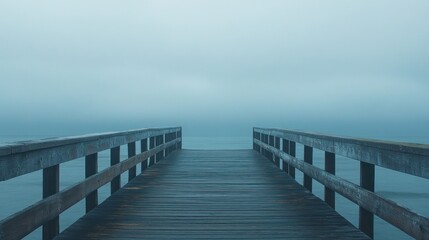 Fototapeta premium Misty Morning at the Wooden Pier: A Serene Coastal View