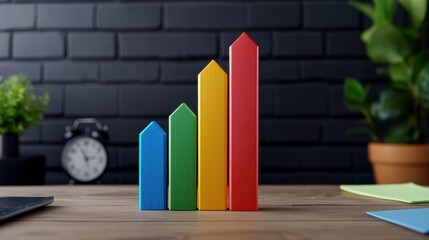 A stylized ascending bar graph representing growth and success is shown on a wooden desk with blurred office background elements illustrating a diverse team celebrating