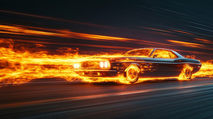 A dark car engulfed in flames speeding along a road with streaks of light in the background at night
