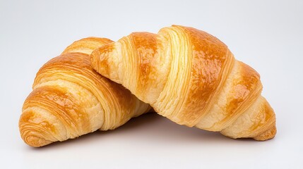 Two golden brown flaky croissants freshly baked sit together on a plain white background showcasing their delicious buttery texture and appealing layers.
